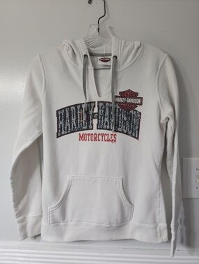 Harley-Davidson White Crewneck Hoodie with Distressed Logo